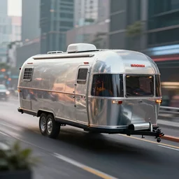 An air car with the aesthetics of a vintage airstream trailer, flying through a cyberpunk city. Hyperrealism, photorealism, tilt-shift, high detail, 4K