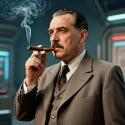josip broz tito smoking a cigar, futuristic style, retro - futuristic style. sci - fi, highly detailed,