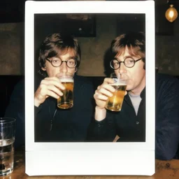 Paul Mccartney and old thin John Lennon wearing round glasses drinking beer at a dirty pub, 1990s, polaroid