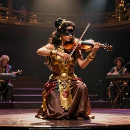 craig mullins and ghibli digital art of a masked female violinist, dressed in exotic costumes, gold jewelry and dark hair, performs alone on a huge stage ， unreal engine, hyper realism, realistic shading, cinematic composition, realistic render, octane render, detailed textures, photorealistic, wide shot