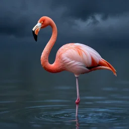 A flamingo on water, cloudy deep night sky, digital painting, 4k, high details, atmospheric