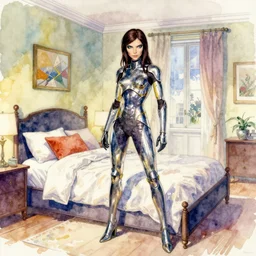 bedroom, colorful watercolor. by rembrant, battle angel alita, ralph mcquarrie, aluminum, 1 6 6 7