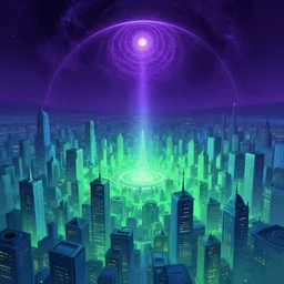purple stargate, blue green city, art by ismail inceoglu, artstation