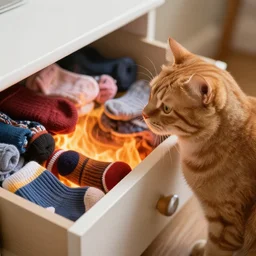 An orange cat staring at a drawer filled with socks on fire, high-resolution photo