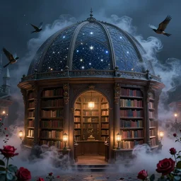 magic library, star dome, dreamy, smoke, hogwarts style, birds, roses, fairy tale, evening lights, highly detailed, artstation, mysterious, comfort, in the style of aetherpunk
