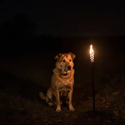 the lonely dog by torch light