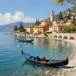 small italian village with gondola boats on shoreline of lake tahoe low tide low water level and a roman style bridge, digital painting, high quality, dreamlike, volumetric lighting, trending on artstation