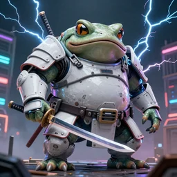 a wide shot, photo of a huge wide humanoid toad-man with a katana, in a light futuristic armour without a helmet, toad head, cyberpunk, Japanese style, hyper realistic, hyper detailed, sharpened, coherent picture, volumetric lightning, neon, electric colours, Filmic, Cinematic, Dramatic, Film Grain, Kodak Portra, Depth of Field, 15 mm octane render, 4k, raytracing, blender