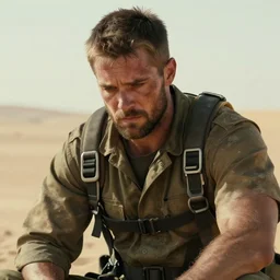 scene of muscular, tired and alcoholic 3 0 - year - old grieving man with short darkblonde hair, serious sad look in his eyes, looking down, dirty beard, blue eyes, jumping from plane, wearing dirty soldier uniform, on the desert, sad atmosphere, hyper realistic face, character art, art by mark brooks, cryengine, trending on artstation, digital art