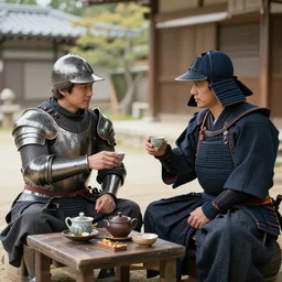 an English knight and a Japanese samurai having tea at a pick nick, hyper realistic