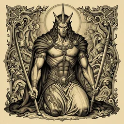 reincarnation of greed kneeling before belligerent covenant detailed, intricate, aesthetic, artistic, 8 k resolution