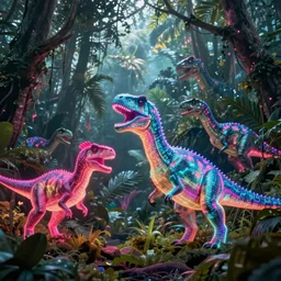 neon glowing holographic dinosaurs, foggy jungle in the background, vibrant fantasy concept art by bouguereau