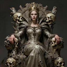 the ruined queen sitting on a throne made of skulls, concept art, digital illustration, trending on artstation, deviantart, artgerm, epic composition, masterpiece, highly detailed, perfect face, realistic face, wlop, ross draws