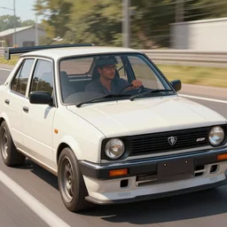 man driving a import japanese car drawn in the style of Initial D