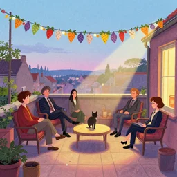 people chilling on the rooftop terrace, beautiful view, garland, ray of light, cat. digital drawing by wes anderson, jean pierre jeunet, tim burton, tomm moore, howard arkley, karl gerstner. hyper detailed.