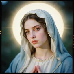 kodak portra 4 0 0, 8 k, soft light, volumetric lighting, highly detailed, britt marling style 3 / 4, haunting portrait photo of the virgin mary, highly detailed face, inspired by ophelia paint, glowing halo, of light, realistic, refined, beautifully detailed, natural outdoor soft pastel lighting colors scheme, outdoor fine art photography, hyper realistic, photo realistic