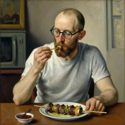 jan van eyck style oil painting of slim bald man with glasses and a beard wearing a t - shirt eating a kebab in his flat