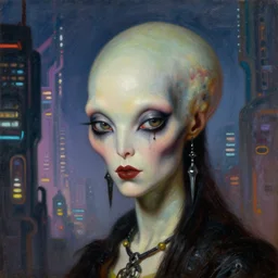 close up portrait of a punk goth alien martian girl in a futuristic retrowave city by ellen von unwerth, oil painting by canaletto hieronymus bosh leonardo da vinci piero della francesca botticelli rex whistler