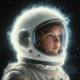 realistic photo of a a blurred space girl helmet head, side view, empty soft glowing space, emitting electric fluffy fur aura radiation 1 9 6 0, life magazine photo, natural colors, metropolitan museum, kodak, 8 k, very detailed, high resolution, product photo,