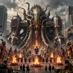 detailed ultrarealistic photography of cyberpunk industrial machine postapocalyptic organic rustic robust tribal arkham city, cthulhu ritual festival, bonfires, wickerman, cultists, craig mullins, vallejo, moebius, ian miller, wayne barlowe, greg rutkowski, mucha, brian froud, cinematic, full shot, symmetric
