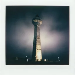 an impossibly tall concrete tower reaching into the fog, night, old polaroid, expired film, megalophobia,