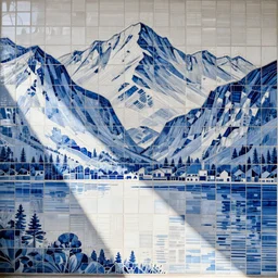 lakeside mountains, tile art mosaic