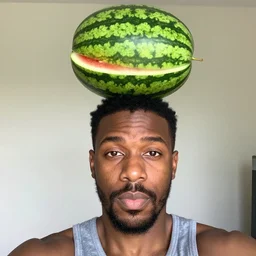 black guy with half of a watermelon on his head, selfie photo
