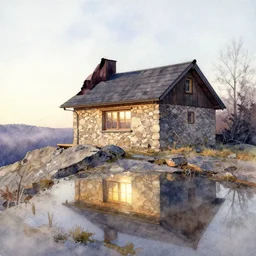watercolor painting of cabin at rocky hill, reflective, stone walls, winter, sunlight, morning, ambient lighting, art by gude