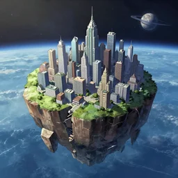 anime wallpaper of a city built on a floatingisland rock in space, the city is on a rock broken out of the ground