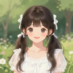 a beautiful digital illustration portrait of a pretty girl, happy kawaii, hestia, with bangs and twintails, dark hair with bow ties, wearing a white lace dress. in a garden, by ilya kuvshinov