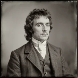 Daguerreotype of a man done up in 80s style clothes and with a mullet, classical portrait