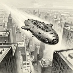 alien spaceship soaring between skyscrapers at great speed, 1 9 th century charcoal and pencil drawing, high detail, high contrast