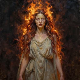 oil portrait | full medium shot | front close - up | dressed in long rags, fire in your hair, ethereal, biblically accurate goddess, astral, fractal, tiny ornaments of white gold in your face, octane render, devianart, fine art, intrincate. by peter mohrbacher, marc simonetti, anna podedwor