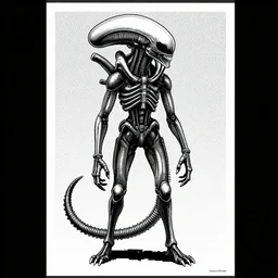 a poster of alien xenomorph, full body shot, in 1 bit color, black and white, dithering style, extremely detailed, by miura kentaro