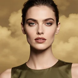 close - up portrait of beautiful female face supermodel portrait wearing olive dress, by amy leibowitz, wlop, jeremy lipkin, beeple, intricate, artgerm, ilya kuvshinov, golden clouds background