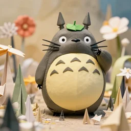totoro in one punch man film still with a full still life film still commercial extreme closeup photo of real - life intricate origami forest planet, perfect eyes, tilt shift zaha hadid real - life origami flower background, cinestill, 8 k