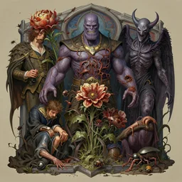 the platonic ideal of flowers, rotting, insects and praying of cletus kasady ultimate carnage thanos dementor doctor manhattan chtulu nazgul davinci, detailed, intricate, hyperrealism, concept art, fantasy, matte, hearthstone, scary, decay, dmt, art by brock hofer and artgerm and greg rutkowski and alphonse mucha