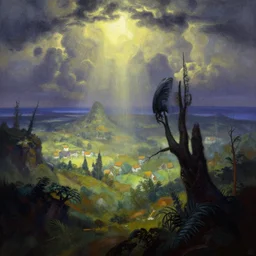 beautiful fantasy landscape by frank frazetta, trending on artstation