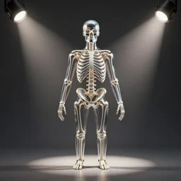 of glass tube system in the shape of a human skeleton in the style of an anatomy model, glossy highlights, unreal engine, 8k, spotlights, smooth ambient light, effect light, darkgray background