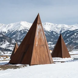 the industrial metal pyramids in the snowy mountains