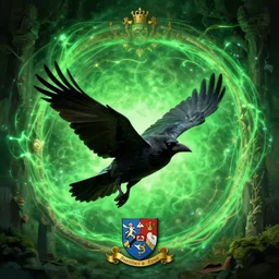 a crow flying through a portal with green magical aura, full colour, family crest, coat of arms, very detailed, dramatic lighting,, jonathan pointer, janie penny,