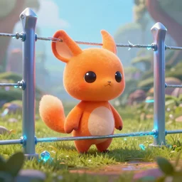 orange cute spirit axie pet behind electric fence, electric fence, fantasy, style artstation, style greg rutkowsk, octane render, unreal engine 6, epic game graphics, fantasy, conceptual art, ray tracing