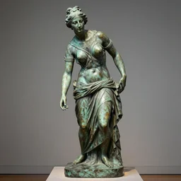 photorealism full portrait of old bronze patina statue of most famous woman, full body portrait, bending poses, intricate, detail, museum