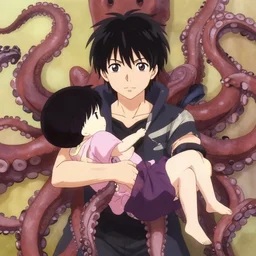 anime character being held by an octopusses arms