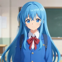 shiki wakana in a blue school uniform, very beautiful, blue hair, smooth, trending on pixiv