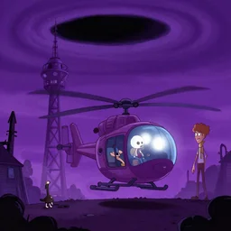 don bluth, artgerm, joshua middleton, purple color pallete, welcome to night vale, radio tower with black hole above it, helicopter, spooky strange weird quirky, cartoon, 2 d, chiral lighting