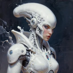 a beautifull white cast futuristic xenomorph humanoid woman portrait in power armor with pretty face in intricate detailed color smashing fluid oilpaint, melting wax, thin fractal tendrils, futuristic digital painting, cyberpunk, 8 k, hyper detailed, octane render, concept art, by peter mohrbacher, by wlop, by ruan jia,