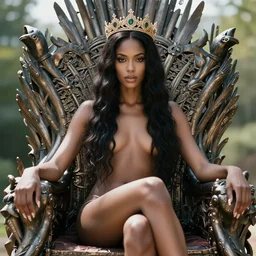 portrait of of a beautiful black haired woman with pale skin and a crown on her head sitted on an intricate metal throne, by greg staples and jeff easley, alluring, sexy, hyperrealistic, intricate, summer day, sunlight, soft lighting, detailed, beautiful,