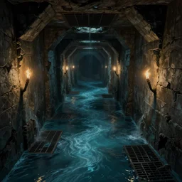 deep water flows through waist - deep flooded sewer tunnels. fantasy art, underground, stream, crumbling masonry, darkness, sewage falling from grates, abandoned spaces, torchlight. concept art, darkest dungeon.