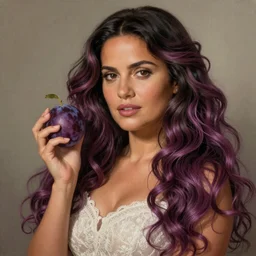 beautiful cottagecore Salma Hayek holding a  ff94b5 plum, ff94b5 hair, intricate, elegant, highly detailed, digital painting, artstation, concept art, smooth, sharp, focus, illustration, art by artgerm and greg rutkowski and alphonse mucha
